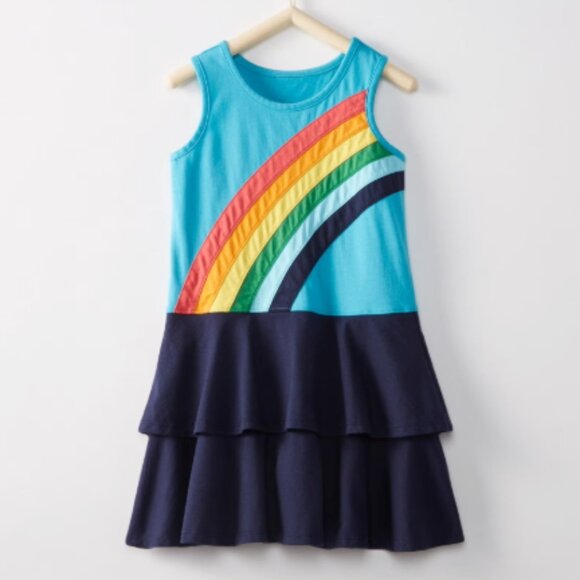 Girls Hanna Andersson Blue Multi Knit Rainbow Ruffle Casual Sun Summer Dress 3